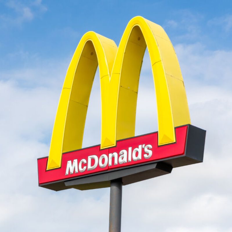 LE SUEUR, MN/USA - SEPTEMBER 1, 2019: McDonald's Golden Arches exterior sign and trademark logo.